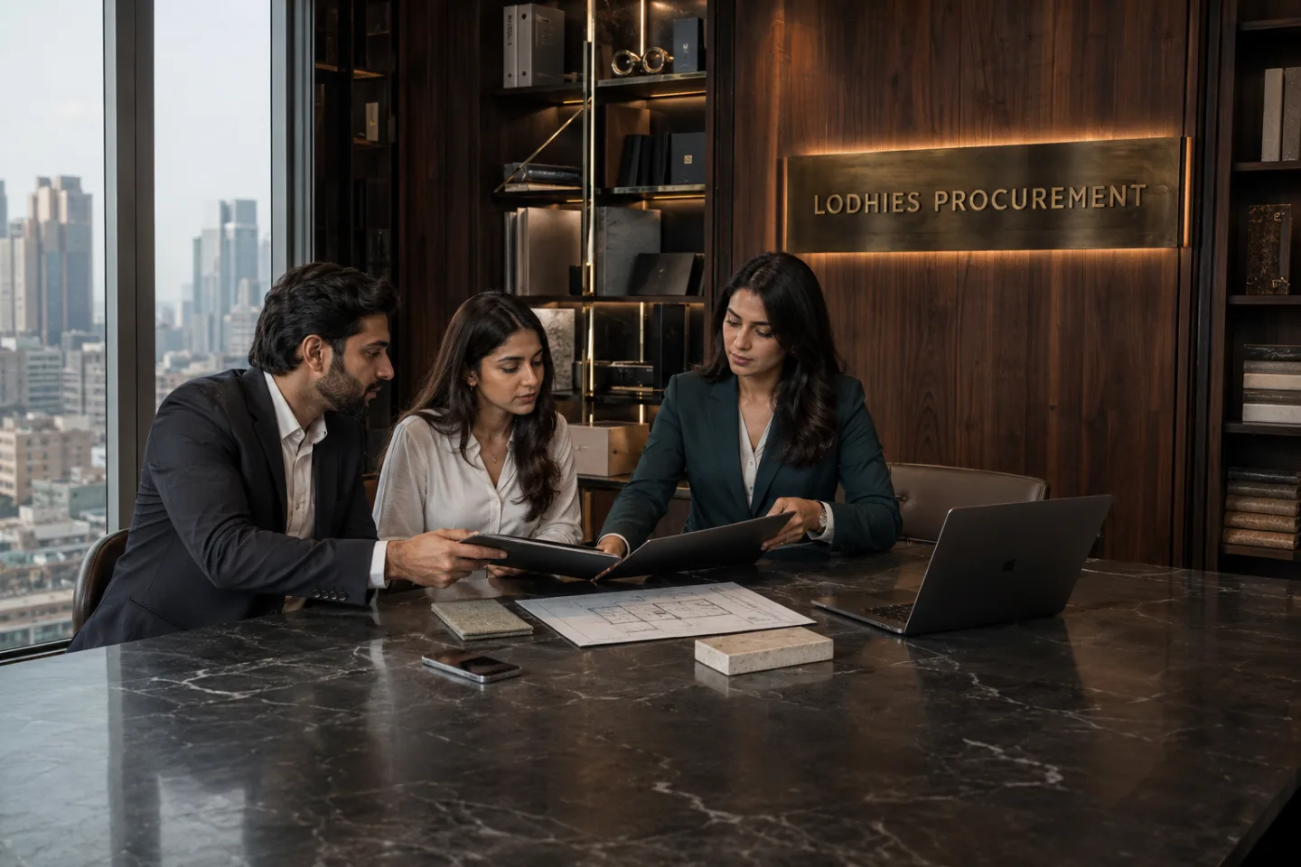 Three South Asian professionals review plans and material samples around a worktable.