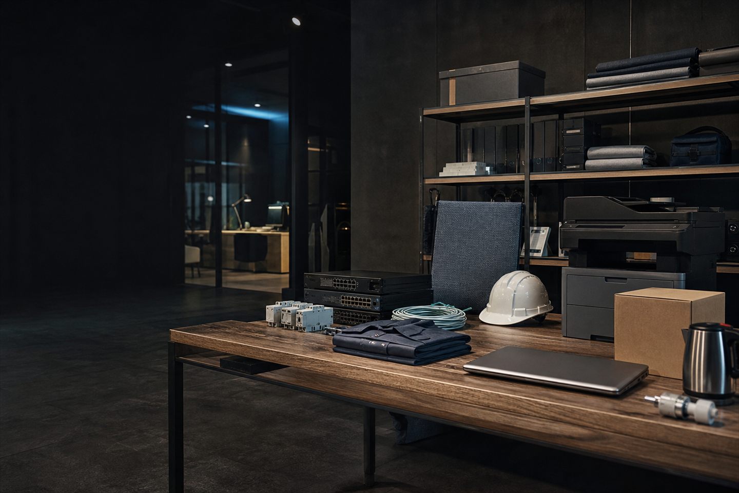 Business technology, safety equipment and corporate supplies organized in a dark procurement studio.