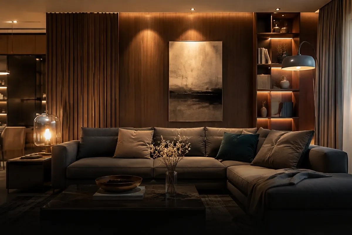 Finished residential lounge with fitted joinery and warm integrated lighting.