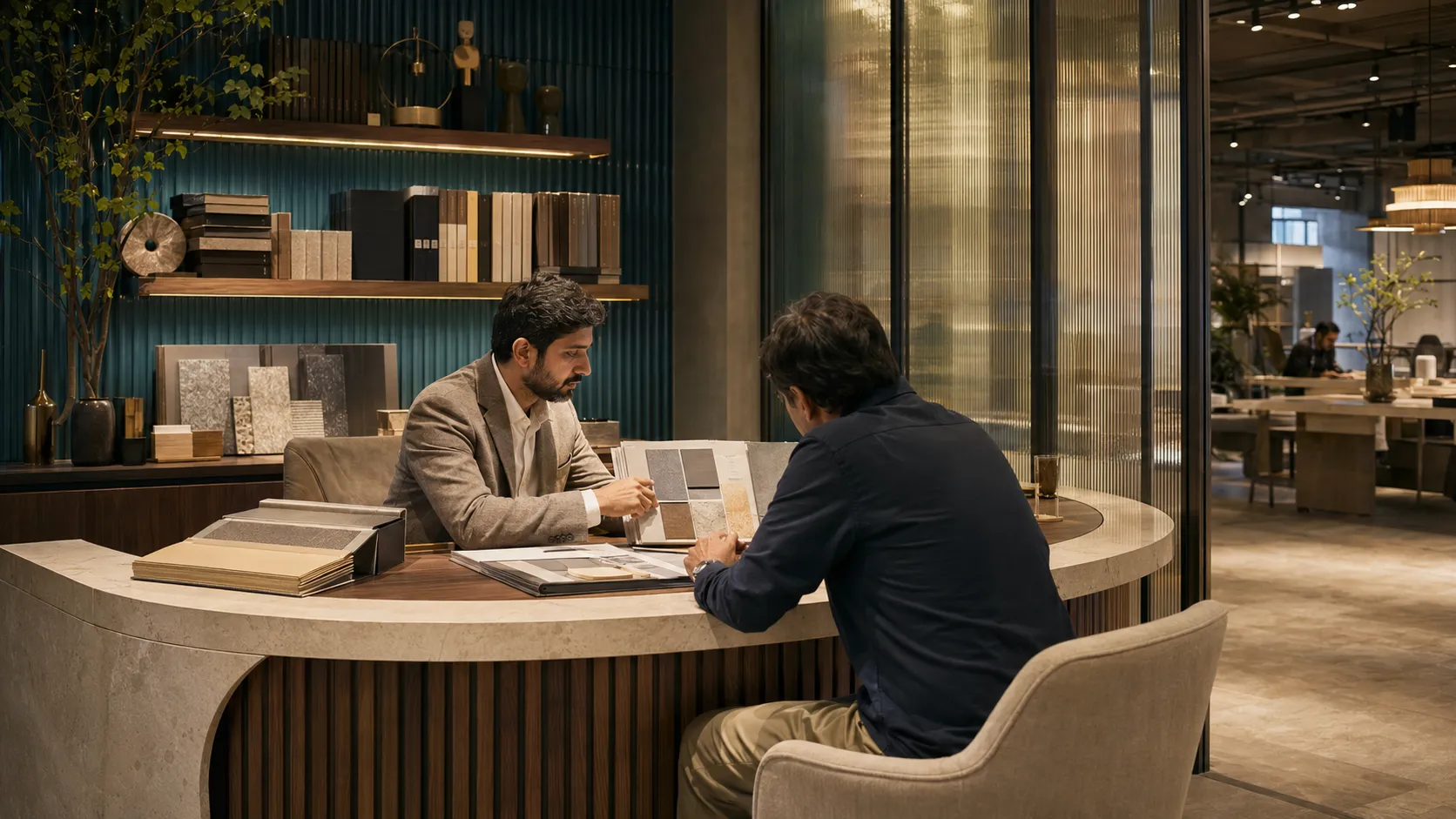 Two people review material samples at a curved information desk in a warm-toned interior.