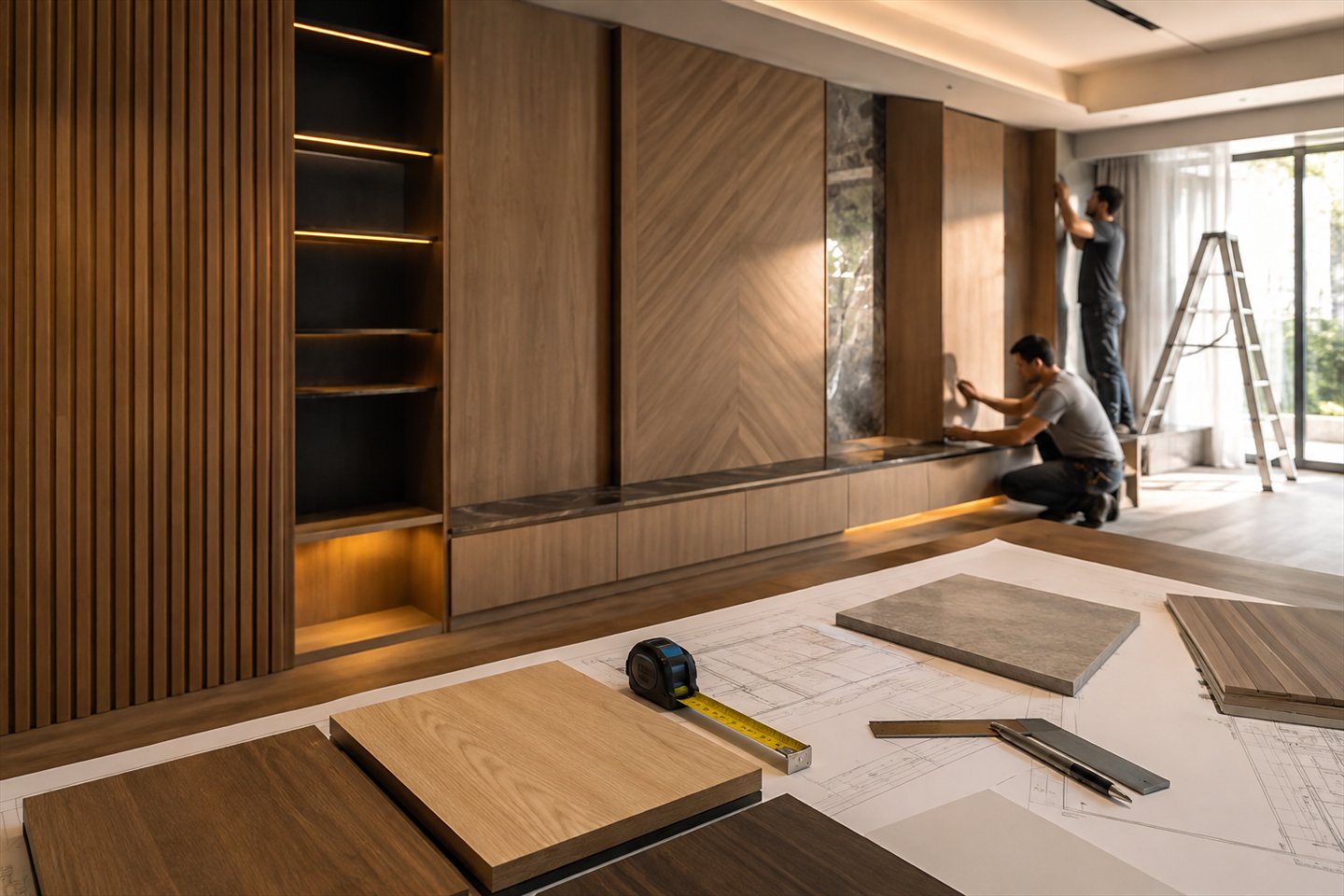 Interior joinery installation with plans and material samples