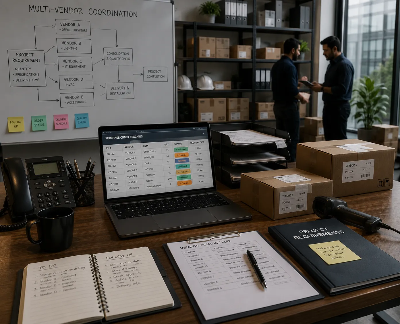 Logistics workspace with shipping boxes, order tracking laptop, scanner, and vendor paperwork