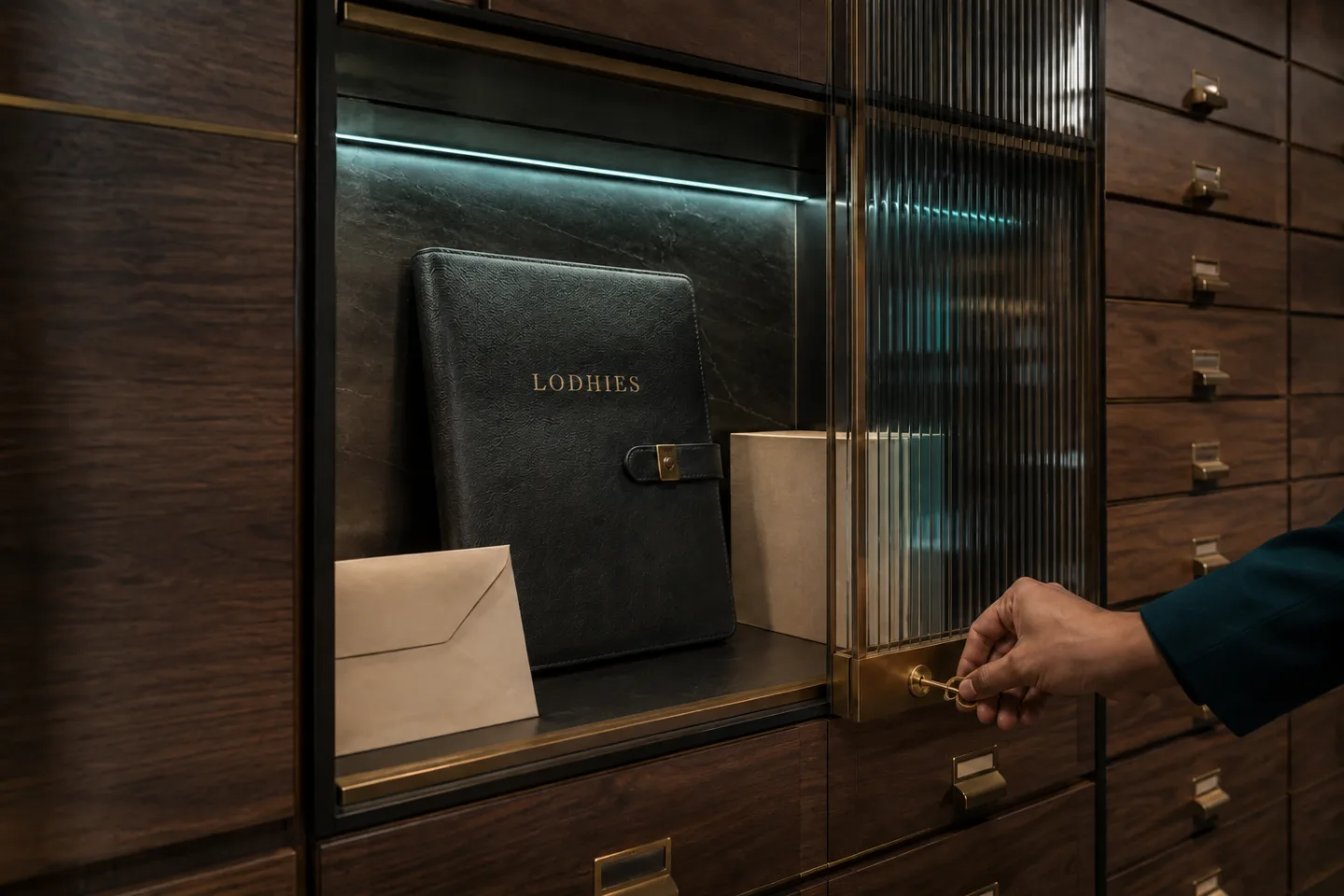A key opens a wood-and-glass cabinet containing a black Lodhies folio and an envelope.