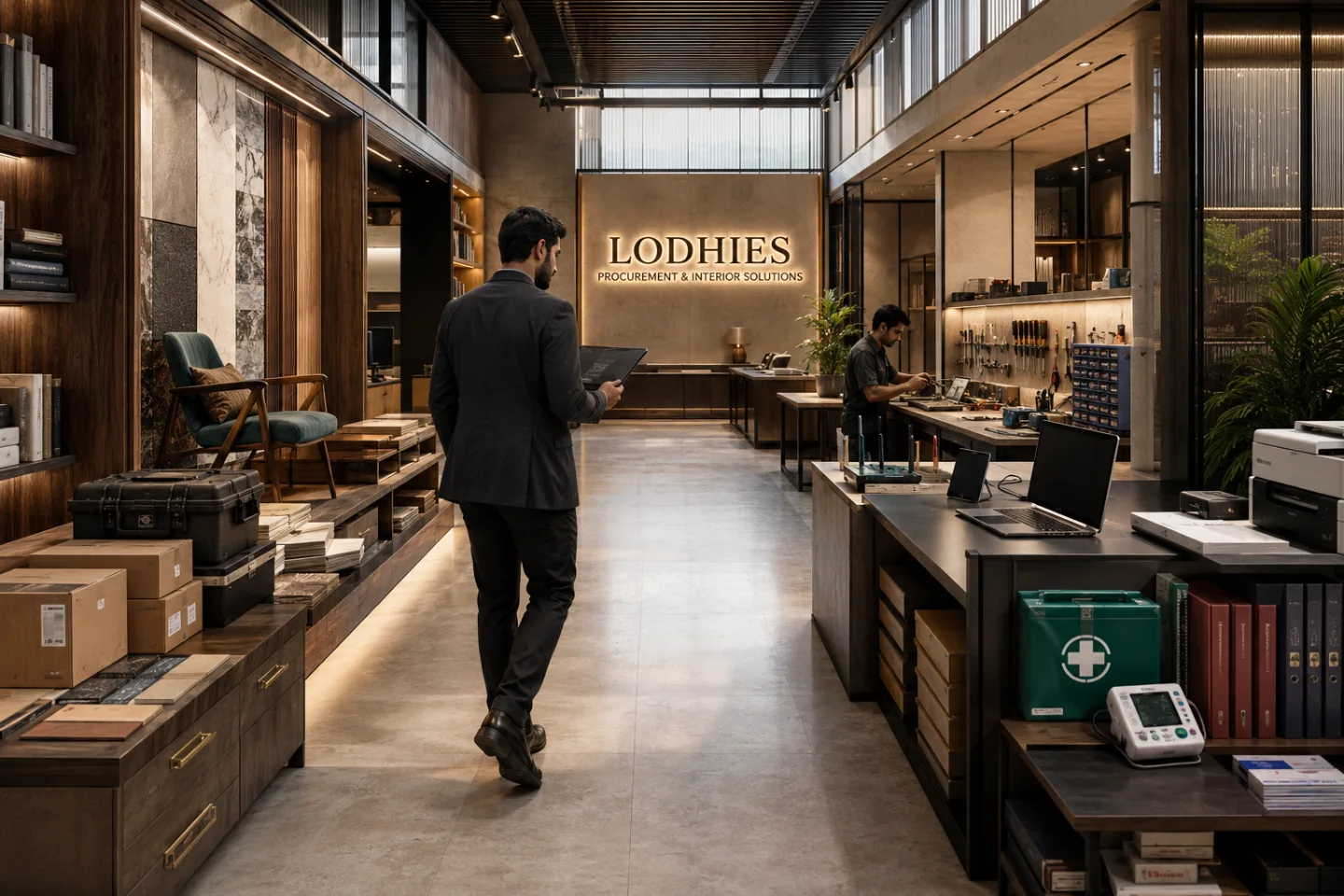 A person reviews a tablet while another works in a material and equipment showroom.