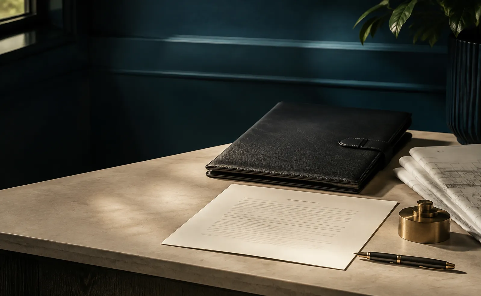 A black leather folio, document, pen and architectural drawings arranged on a dark office desk.